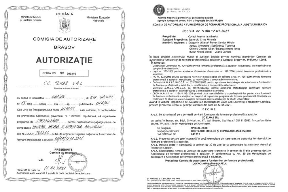 Curs de specializare “Montator, reglor și depanator de ascensoare”